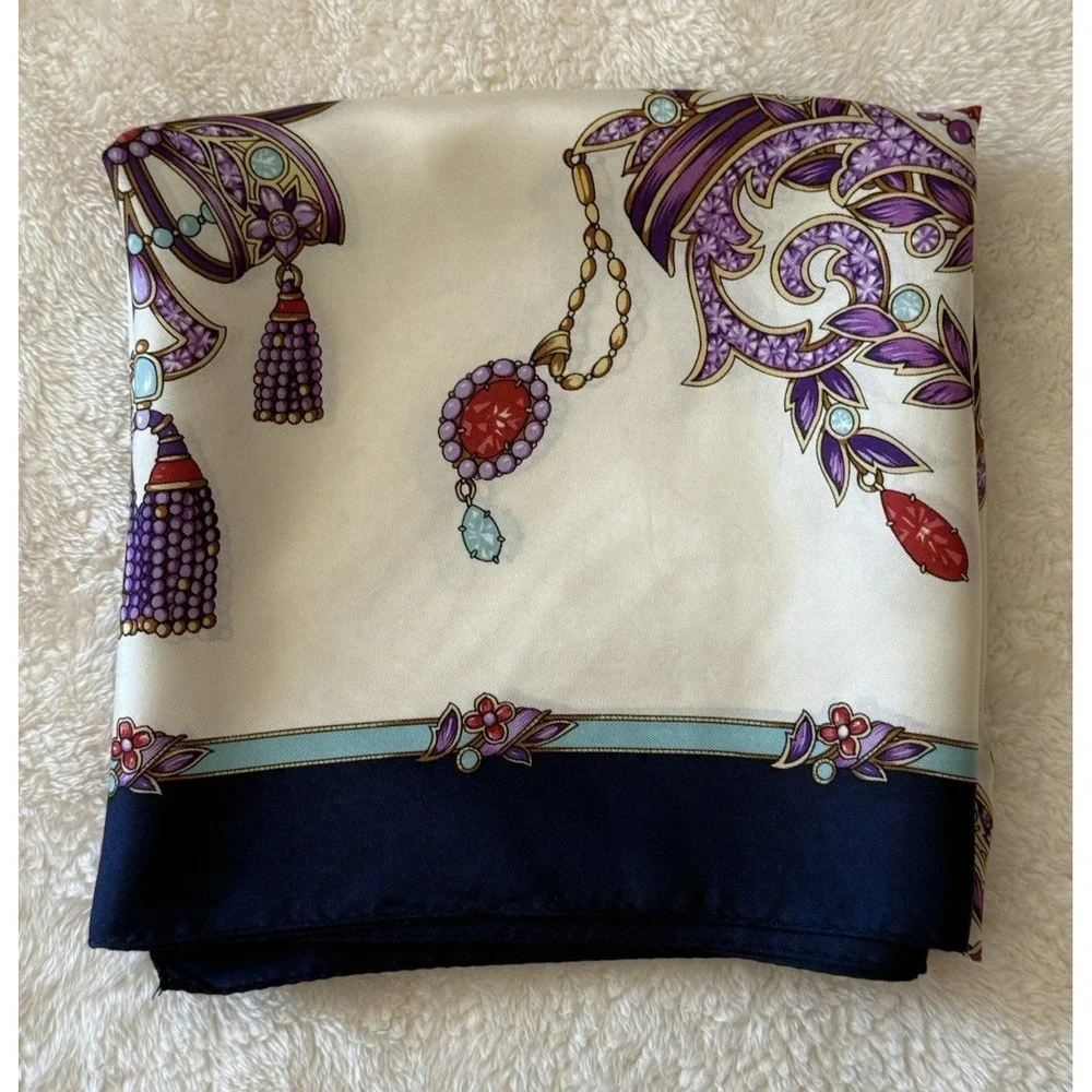 ECHO For Nordstrom Blue/Cream Gem/Jewels Square 100% Silk Scarf 35
